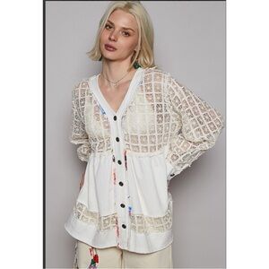 POL. White Lace Semi Sheer Button-Up Top/Jacket
